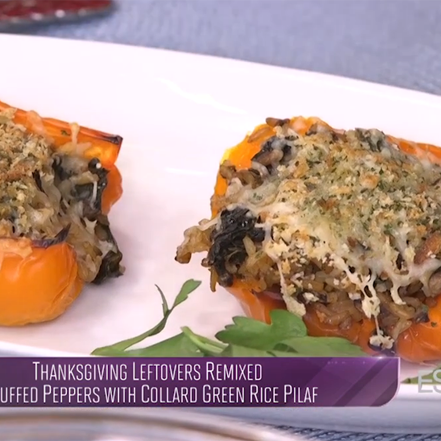 Thanksgiving Leftovers Remixed: Stuffed Peppers with Collard Green Rice Pilaf
